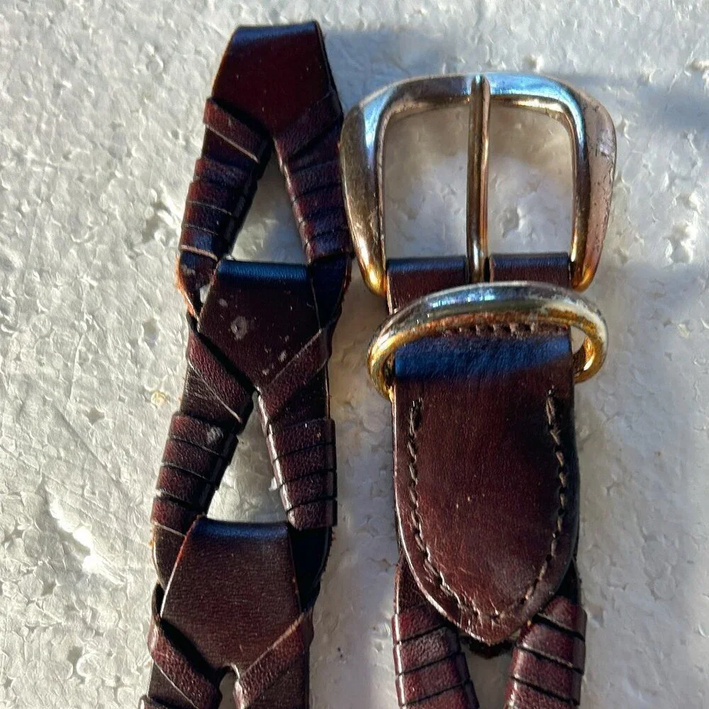 Belt SZ M Dark brown leather unique hand woven open cutwork pattern essential